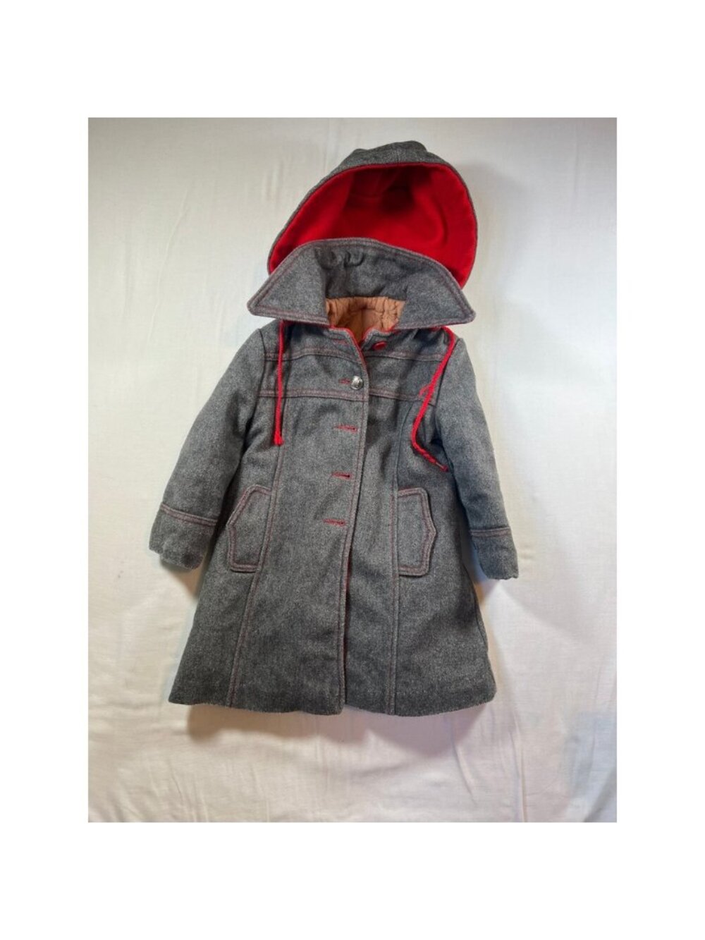 Vintage Girls‎ Grey Wool Blend Hooded Coat Red Contrast Stitching Swing Jacket